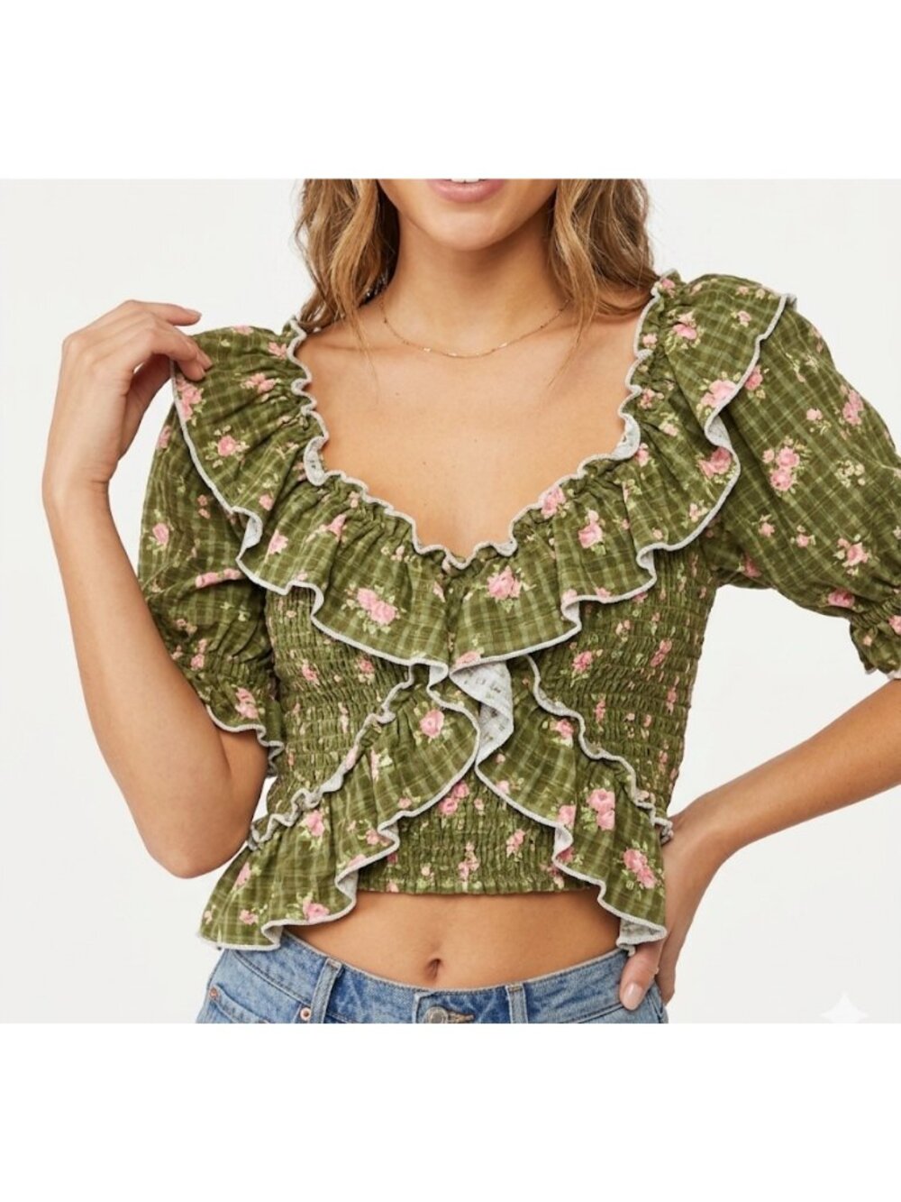Free People Women’s Floral Smocked Ruffle Top Olive Green Pink Cotton Romantic C